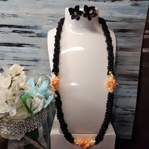 #2476, PINK ANGELSKIN CORAL, ONYX, NECKLACES & CAMELIA FLOWER EARRINGS.